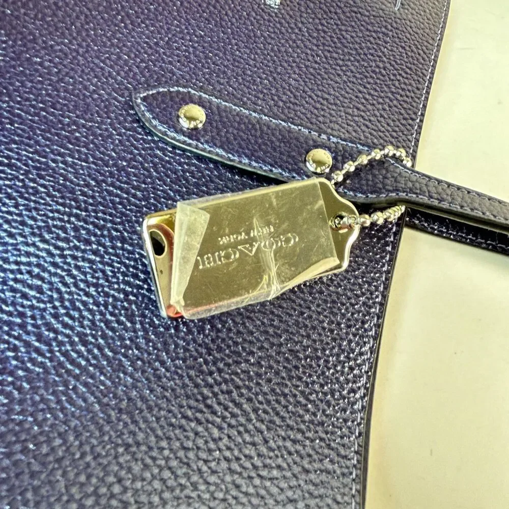 Coach NWT #679983 Navy Blue Iridescent Pebble Leather Large Town Tote